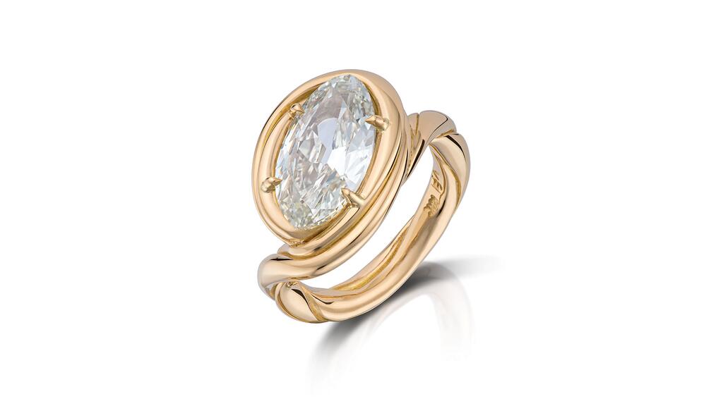 Vanessa Fernandez Studio’s one-of-a-kind “Curva Twist” ring with a 4.01-carat diamond set in 18-karat yellow gold ($69,600) Curva Twist Ring